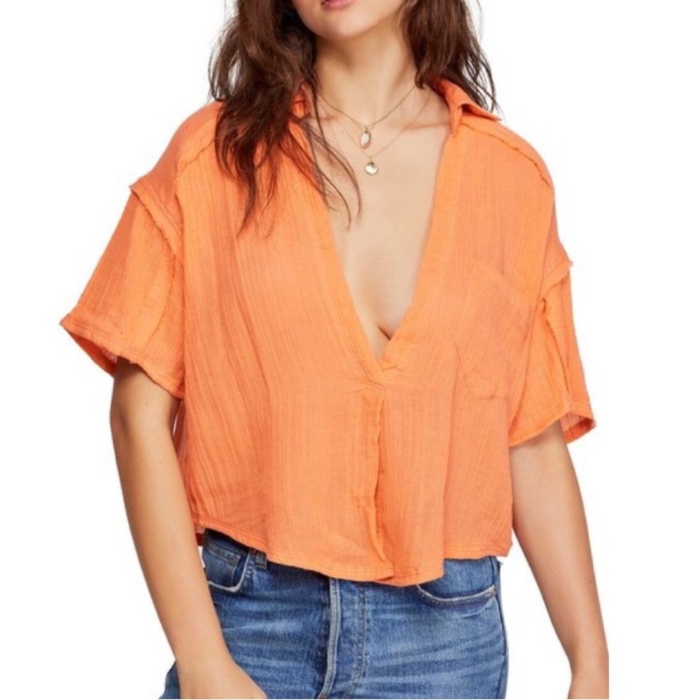 We The Free Orange Cotton Gauze Blouse